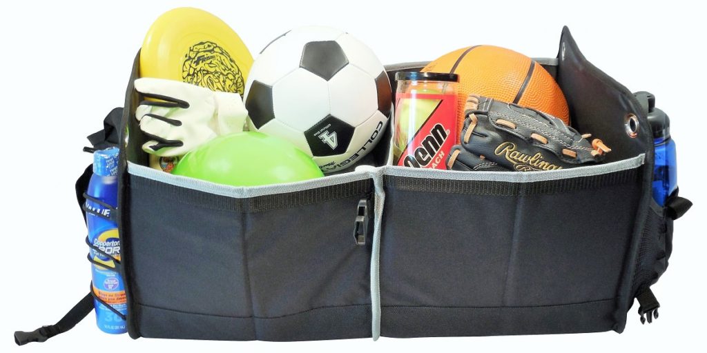 Just look at how much a car trucnk organizer can hold. This one is filled with sports gear, including a frisbee, soccer ball, tennis balls, baseball glove, basketball, sunblock, water bottle and golf glove.