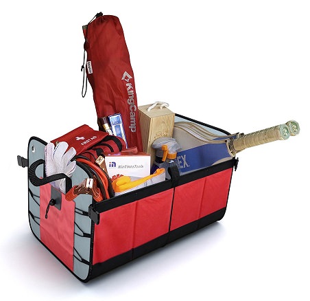 Red Trunk organzier filled with sports equipment