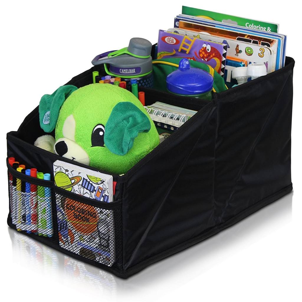 center seat organizer filled with kids toys and magazines