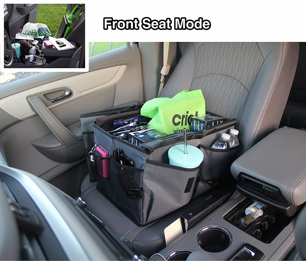 organizer filled with office supplies, phone and beverages in the car