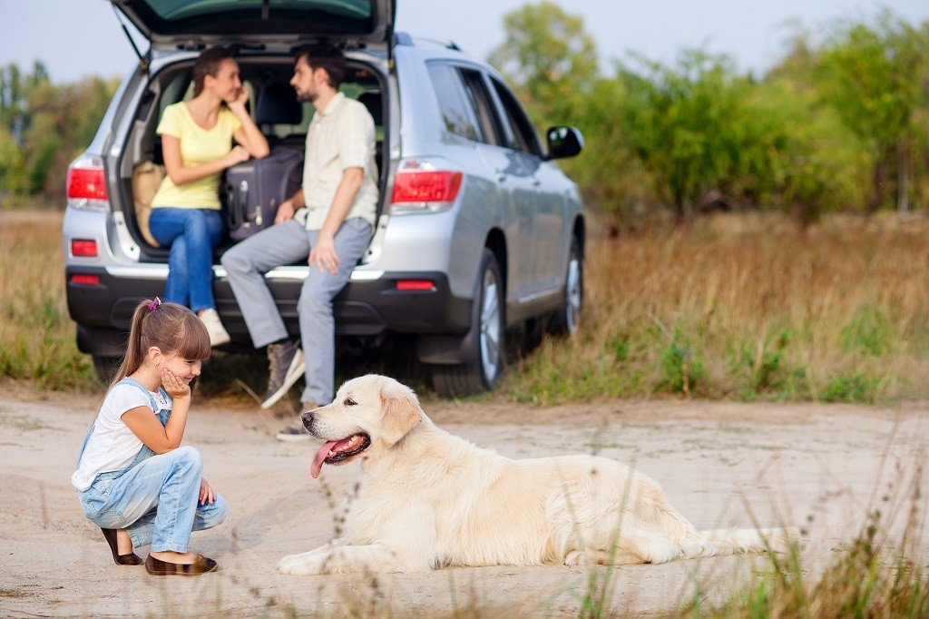 young coupon sitting in the back of their SUV with child and dog in the foreground