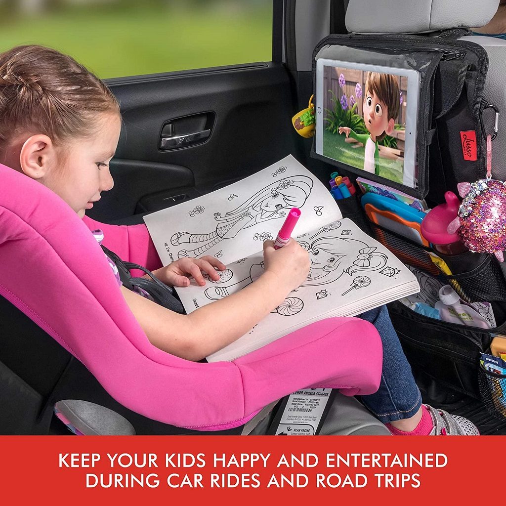 lusso gear backseat organizer with child drawing in carseat